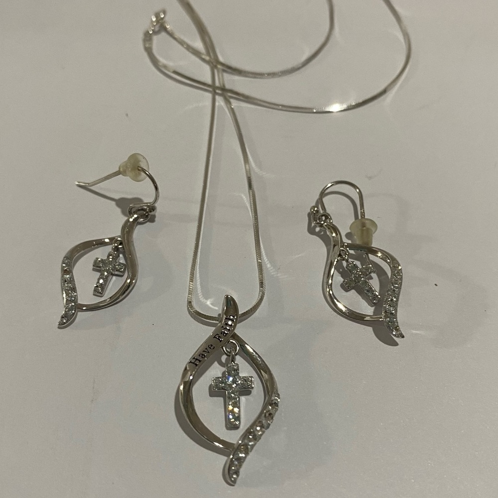 Sterling Silver 925 Have Faith Cross Necklace 24" & Earrings Set CZ Snake Chain